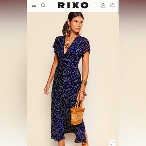 RIXO Midnight Blue Florida Polka Dot Midi Dress